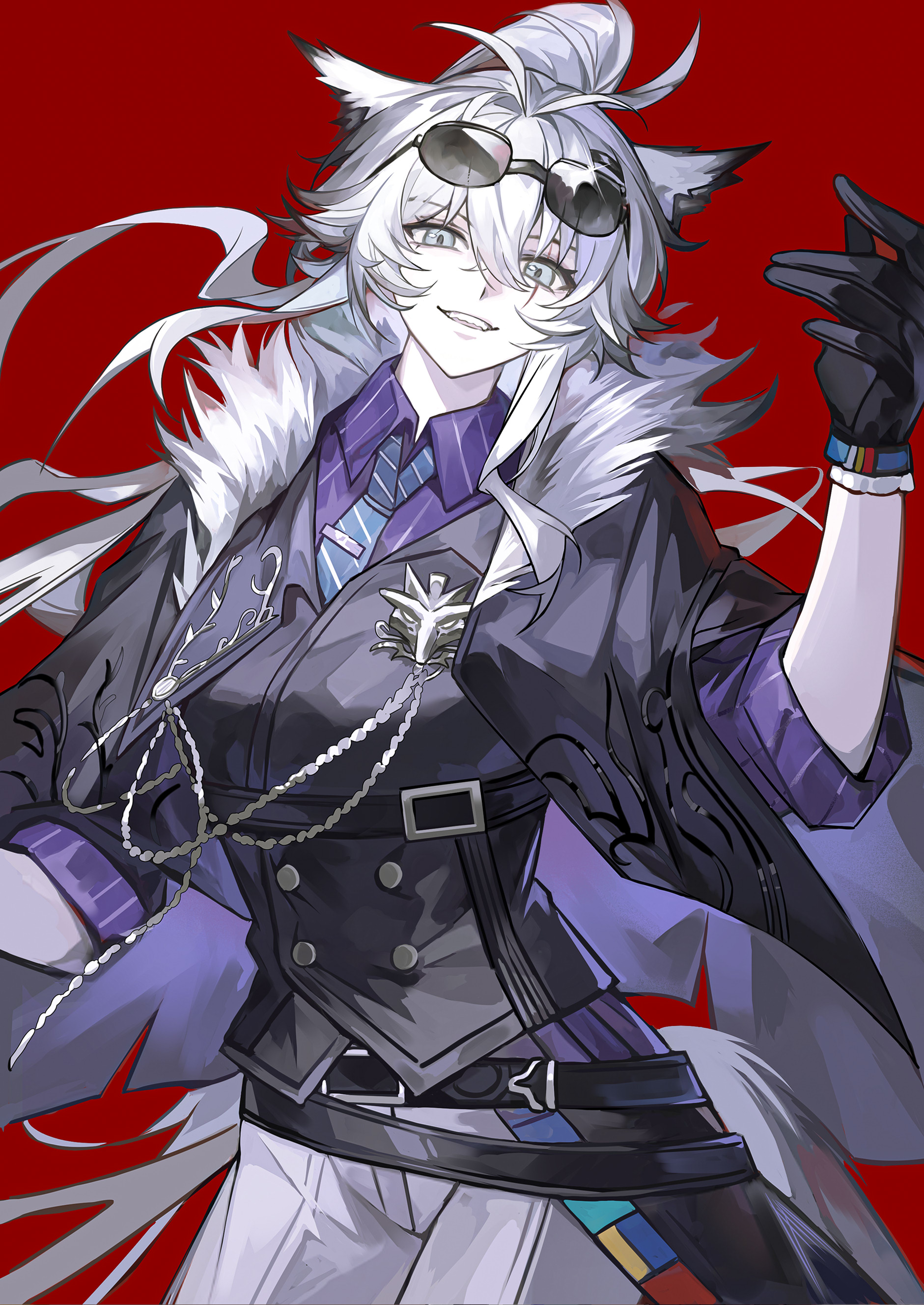 cen (acheng02806053), lappland (arknights), arknights, absurdres, commentary, highres, 1girl, arm up, belt, belt buckle, black belt, black gloves, black jacket, blue necktie, buckle, collared shirt, diagonal-striped clothes, diagonal-striped necktie, eyewear on head, gloves, grey eyes, grey hair, grey pants, hair between eyes, jacket, long hair, long sleeves, looking at viewer, necktie, pants, pinstripe pattern, pinstripe shirt, purple shirt, red background, scar, scar across eye, scar on face, shirt, simple background, solo, striped clothes, sunglasses, tie clip, very long hair