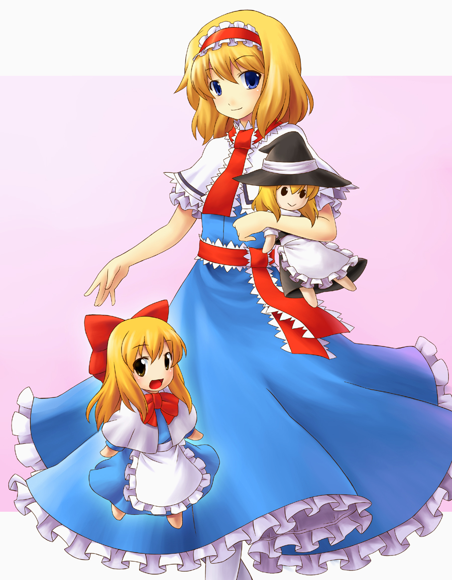 nemou, alice margatroid, kirisame marisa, shanghai doll, touhou, 1girl, :>, apron, blonde hair, blue eyes, character doll, doll, female focus, hairband, hat, long hair, short hair, solo, witch, witch hat, yellow eyes
