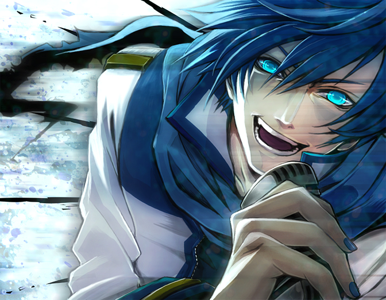 asacom, komaki (gigu), kaito (vocaloid), vocaloid, 1boy, blue eyes, blue hair, blue scarf, glowing, glowing eyes, male focus, matching hair/eyes, microphone, nail polish, open mouth, scarf, short hair, smile, solo, teeth