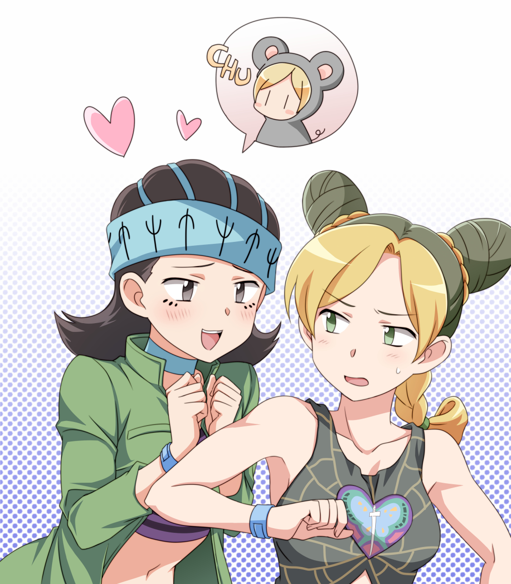 ham pon, gwess, kuujou jolyne, jojo no kimyou na bouken, stone ocean, highres, 2girls, animal costume, black eyes, black hair, blonde hair, blush, braid, braided bun, choker, coat, crop top, double bun, facial mark, green eyes, green hair, hair bun, headband, heart, looking at another, looking to the side, midriff, mouse costume, multicolored hair, multiple girls, navel, open clothes, open coat, open mouth, spoken character, sweatdrop, tank top, wristband