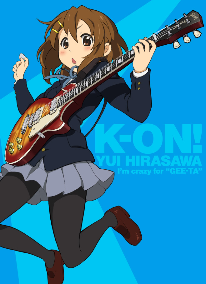 norizou, norizou type-r, hirasawa yui, gibson, k-on!, 00s, 1girl, blush, brown eyes, brown hair, electric guitar, female focus, gibson les paul, guitar, instrument, jumping, open mouth, pantyhose, plectrum, school uniform, short hair, skirt, solo