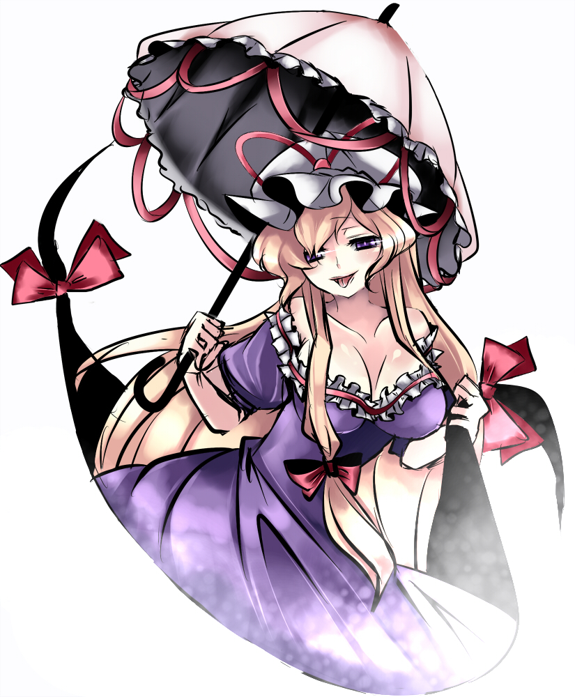 kozue, yukibina, yakumo yukari, touhou, bad id, bad pixiv id, 1girl, blonde hair, breasts, dress, female focus, gap (touhou), hat, long hair, purple eyes, simple background, solo, umbrella, white background