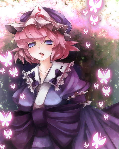 kozue, yukibina, saigyouji yuyuko, touhou, bad id, bad pixiv id, 1girl, blue eyes, bug, butterfly, female focus, hat, pink hair, short hair, solo