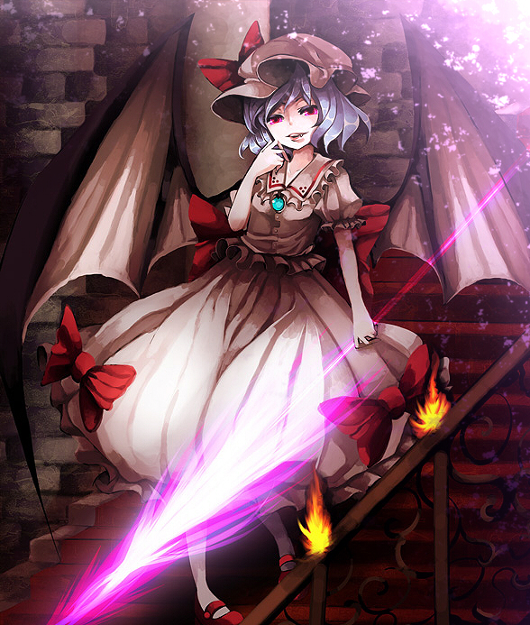 yukibina, remilia scarlet, touhou, bad id, bad pixiv id, 1girl, bat wings, blue hair, female focus, hat, red eyes, ribbon, short hair, solo, wings