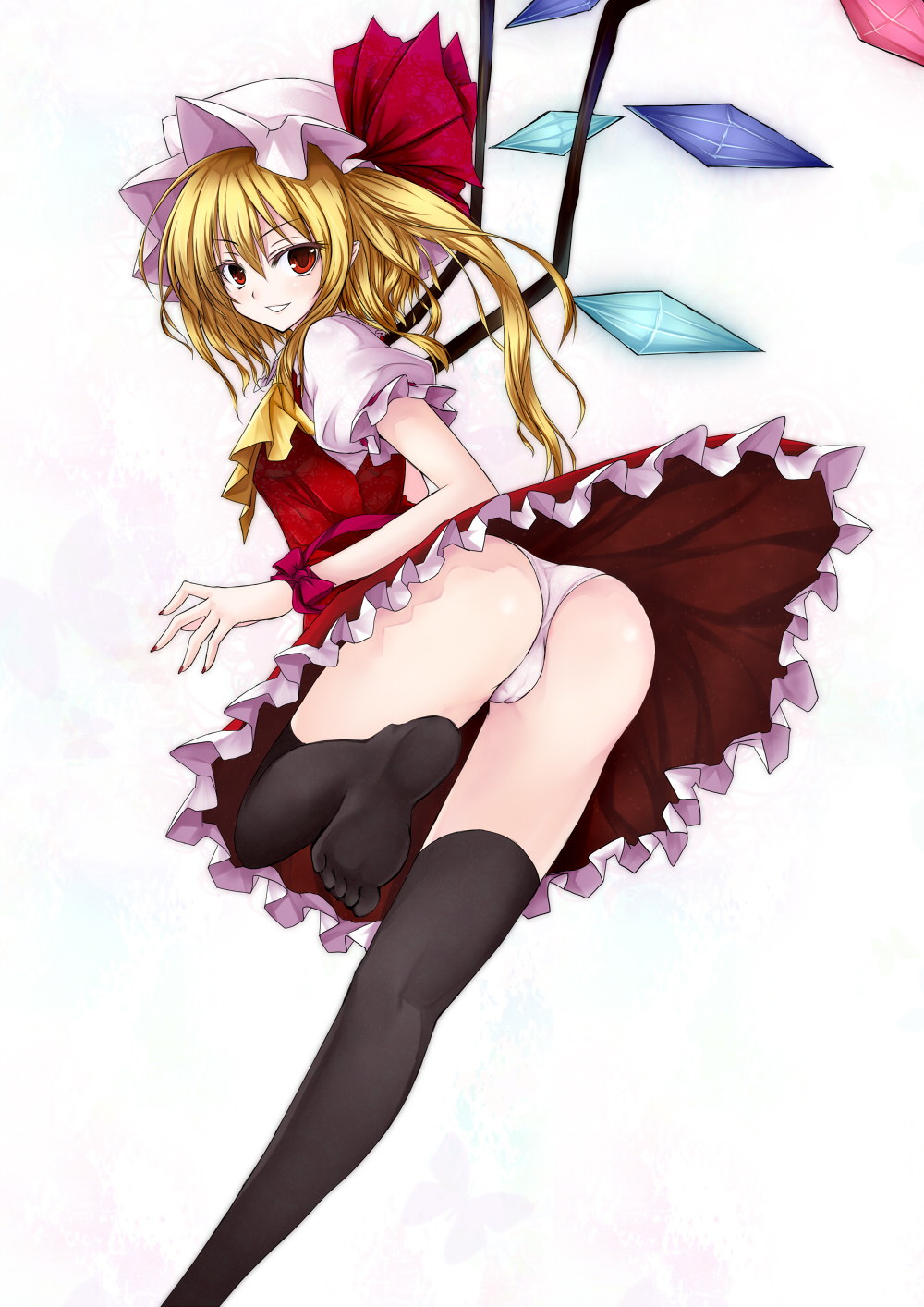 utakata (kochou no yume), flandre scarlet, touhou, highres, 1girl, ass, black thighhighs, blonde hair, feet, female focus, hat, legs, looking at viewer, looking back, nail polish, panties, pointy ears, ponytail, red eyes, red nails, ribbon, running, short hair, side ponytail, smile, solo, thighhighs, underwear, wings, wrist ribbon