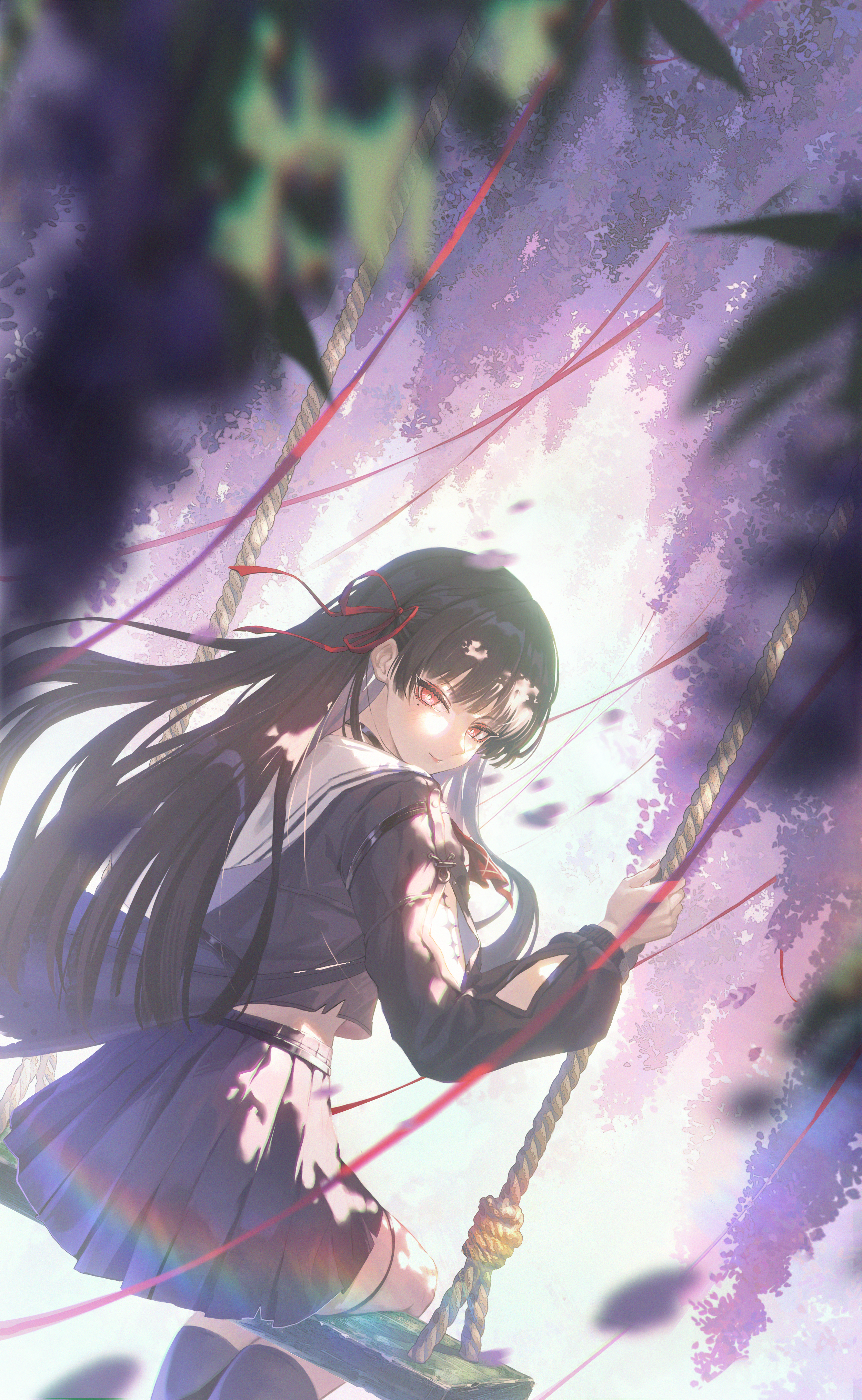 lordry, chisa (wuthering waves), wuthering waves, absurdres, commentary request, highres, partial commentary, 1girl, arm cutout, black choker, black hair, black jacket, black serafuku, black shirt, black skirt, choker, closed mouth, clothing cutout, dutch angle, hair ribbon, jacket, light smile, long hair, long sleeves, looking at viewer, looking back, mole, mole under eye, on swing, red eyes, red ribbon, ribbon, sailor collar, school uniform, serafuku, shirt, sitting, skirt, solo, swing, swing set, tacet mark (wuthering waves), thigh strap, white sailor collar