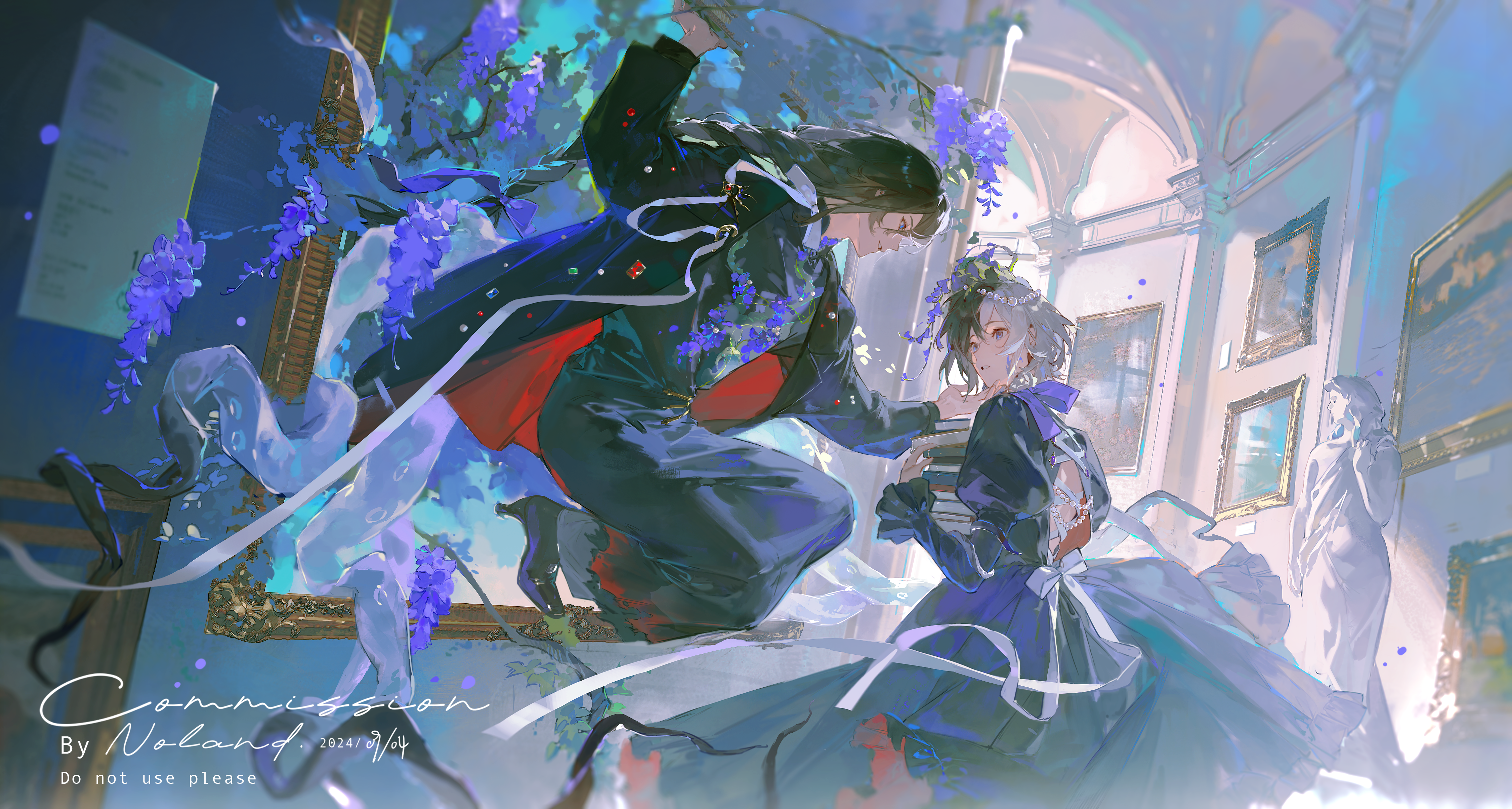 noland, original, absurdres, commission, highres, mihuashi commission, 2boys, arch, art gallery, back bow, backless dress, backless outfit, black hair, black jacket, black robe, black shoes, blue eyes, book, book stack, borrowed character, bow, braid, climbing, crossdressing, crossdressing (mtf), dress, eye contact, facial mark, facial tattoo, falling petals, fascinator, feet out of frame, flame tattoo, floral print, flower, full body, gown, hair between eyes, hair flower, hair ornament, hallway, hand on another's chin, high heels, holding, holding book, indoors, jacket, juliet sleeves, lapel pin, lapels, long hair, long sleeves, looking at another, looking to the side, male focus, multicolored hair, multiple boys, neck ribbon, notched lapels, open clothes, open jacket, painting (object), parted lips, pearl hair ornament, petals, picture frame, profile, puffy sleeves, purple flower, purple petals, purple ribbon, red jacket, ribbon, robe, shoes, short hair, single braid, split-color hair, squatting, standing, statue, sunlight, tattoo, tentacles, through medium, through painting, tree, two-sided fabric, two-sided jacket, two-tone hair, white bow, white hair, white ribbon, wisteria, yao mujing, yao muxuan