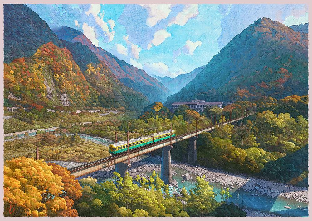 mugumo 24k, original, commentary request, autumn, border, bridge, cloud, day, landscape, mountain, no humans, outdoors, river, scenery, train, tree, white border