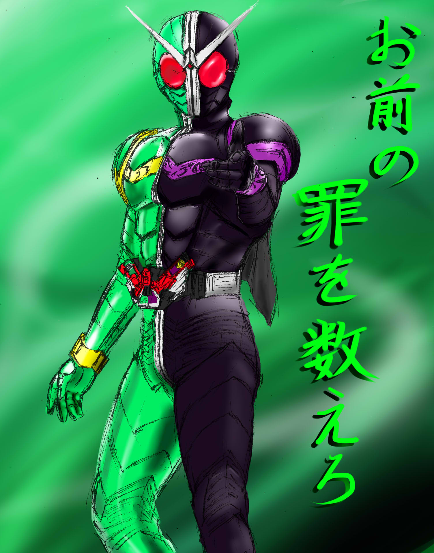 garugaru3104, michimoyo, kamen rider double, kamen rider, kamen rider w, highres, md5 mismatch, 1boy, antennae, belt, black bodysuit, bodysuit, male focus, pointing, scarf, solo