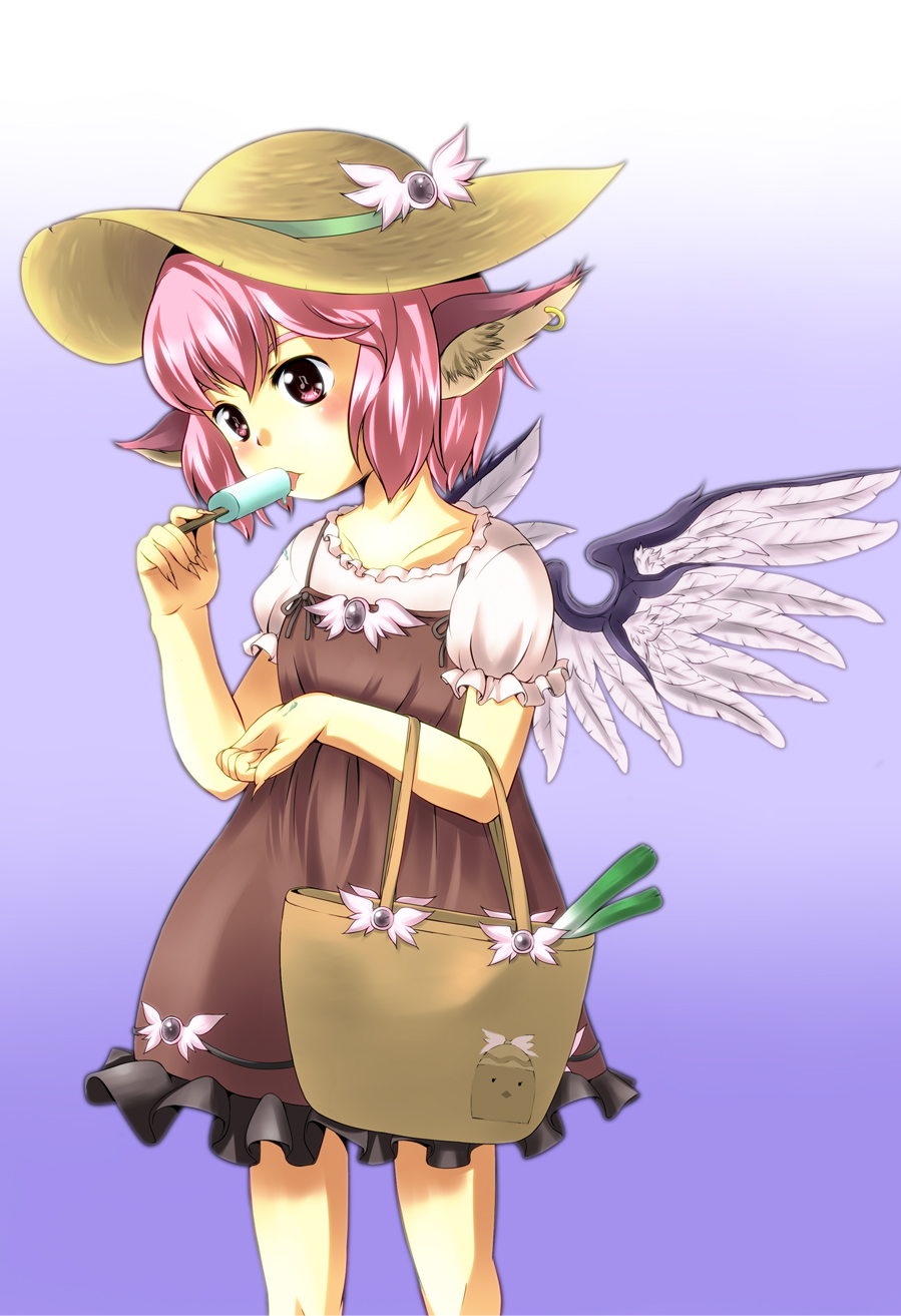 mepikari, mystia lorelei, touhou, highres, 1girl, animal ears, bag, earrings, eating, elbow carry, female focus, food, handbag, hat, jewelry, musical note, pink eyes, pink hair, popsicle, short hair, solo, spring onion, wings