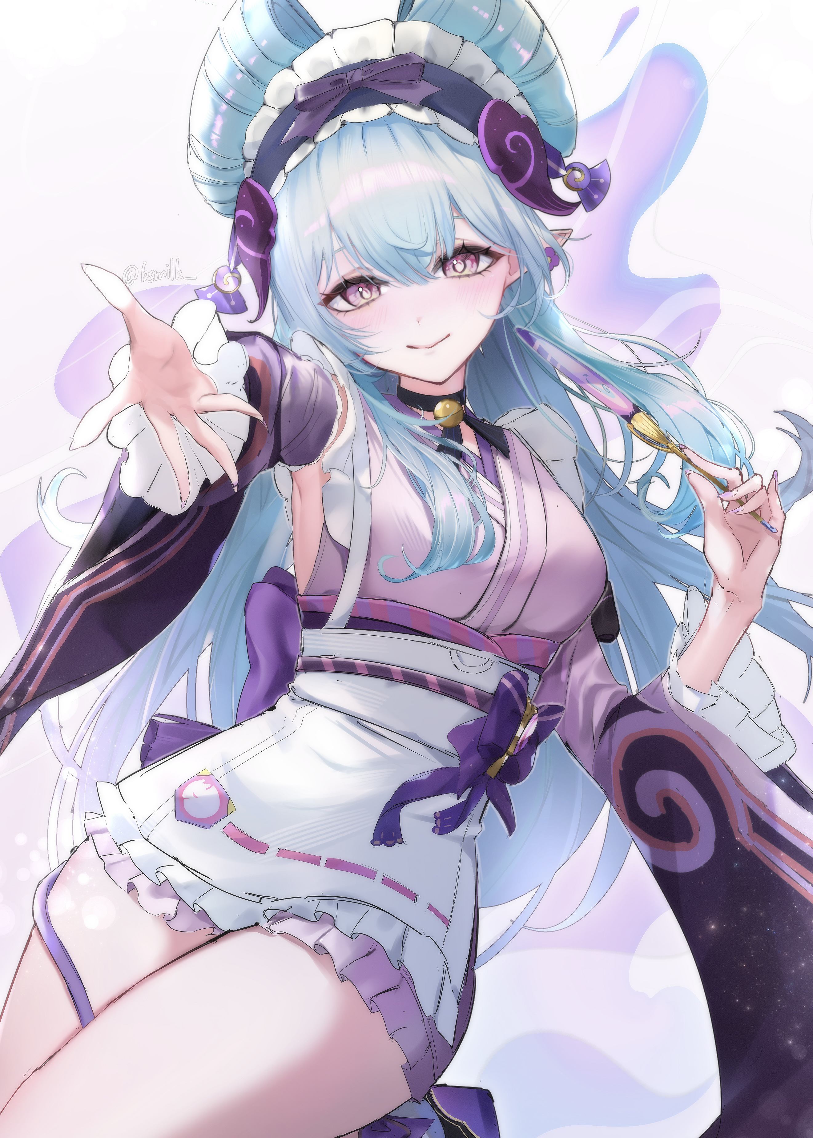 kokuto (bsmilk), yumemizuki mizuki, genshin impact, absurdres, commentary request, highres, 1girl, apron, armpits, blue hair, blush, breasts, detached sleeves, frilled hairband, frills, hairband, hand fan, holding, holding fan, japanese clothes, kimono, long hair, looking at viewer, magic, maid, maid headdress, medium breasts, outstretched hand, pink eyes, pink kimono, pointy ears, purple background, purple kimono, purple sleeves, sleeveless, sleeveless kimono, smile, solo, thighs, very long hair, wa maid, waist apron, white apron, white background