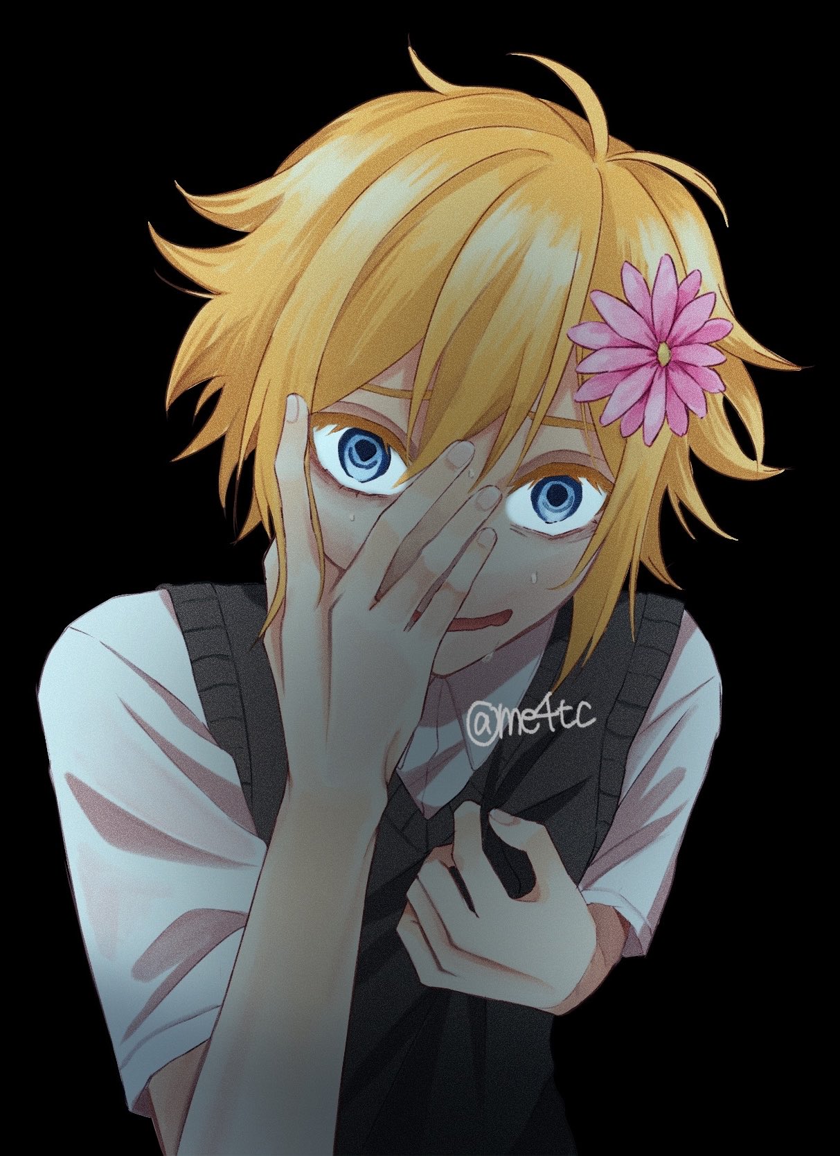 basil (faraway) (omori), basil (omori), omori, commentary request, highres, 1boy, antenna hair, artist name, black background, blonde hair, blue eyes, double-parted bangs, flower, green sweater vest, hair between eyes, hair flower, hair ornament, looking at viewer, male focus, me4tc, nervous smile, open mouth, shirt, short hair, sidelocks, simple background, smile, solo, sweater vest, upper body, white shirt