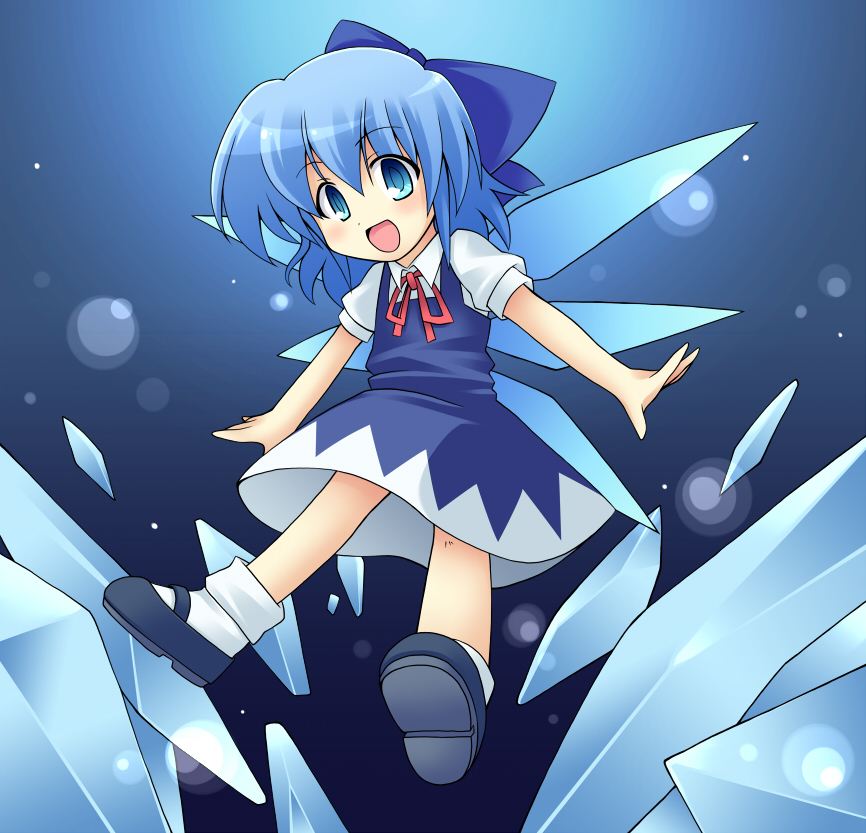 pure (artist), pure (kawamoto nami), cirno, embodiment of scarlet devil, touhou, 1girl, :d, blue eyes, blue hair, bow, female focus, ice, looking at viewer, mary janes, matching hair/eyes, open mouth, outstretched arms, shoes, short hair, smile, solo, spread arms, wings