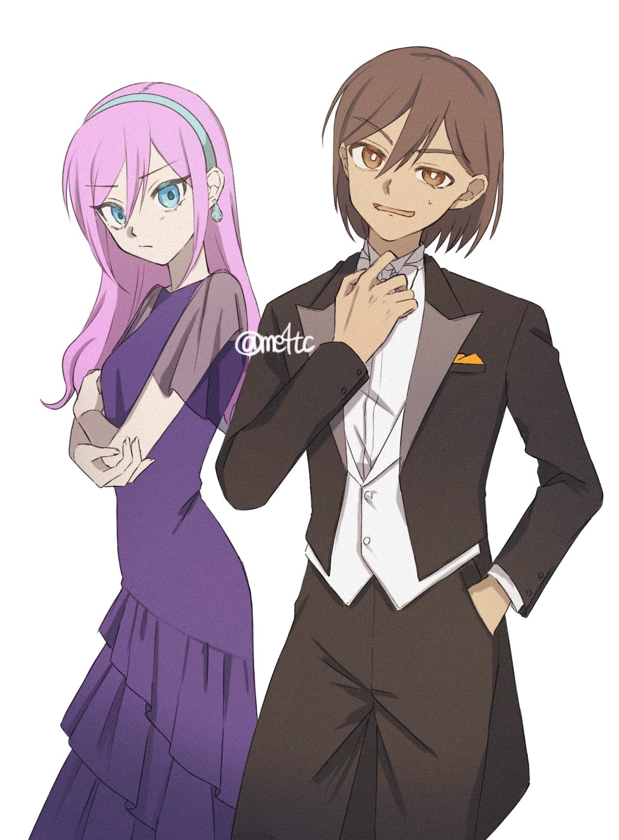 aubrey (faraway) (omori), aubrey (omori), kel (faraway) (omori), kel (omori), omori, commentary request, highres, 1boy, 1girl, adjusting clothes, alternate costume, alternate eye color, artist name, black pants, blue eyes, blue hairband, breasts, bright pupils, brown eyes, brown hair, closed mouth, dark-skinned male, dark skin, double-parted bangs, dress, earrings, hair between eyes, hairband, hand in pocket, jewelry, long hair, long sleeves, looking at viewer, me4tc, open mouth, pants, pink hair, purple dress, short hair, short sleeves, sidelocks, simple background, small breasts, sweatdrop, tuxedo, twitter username, white background, white pupils