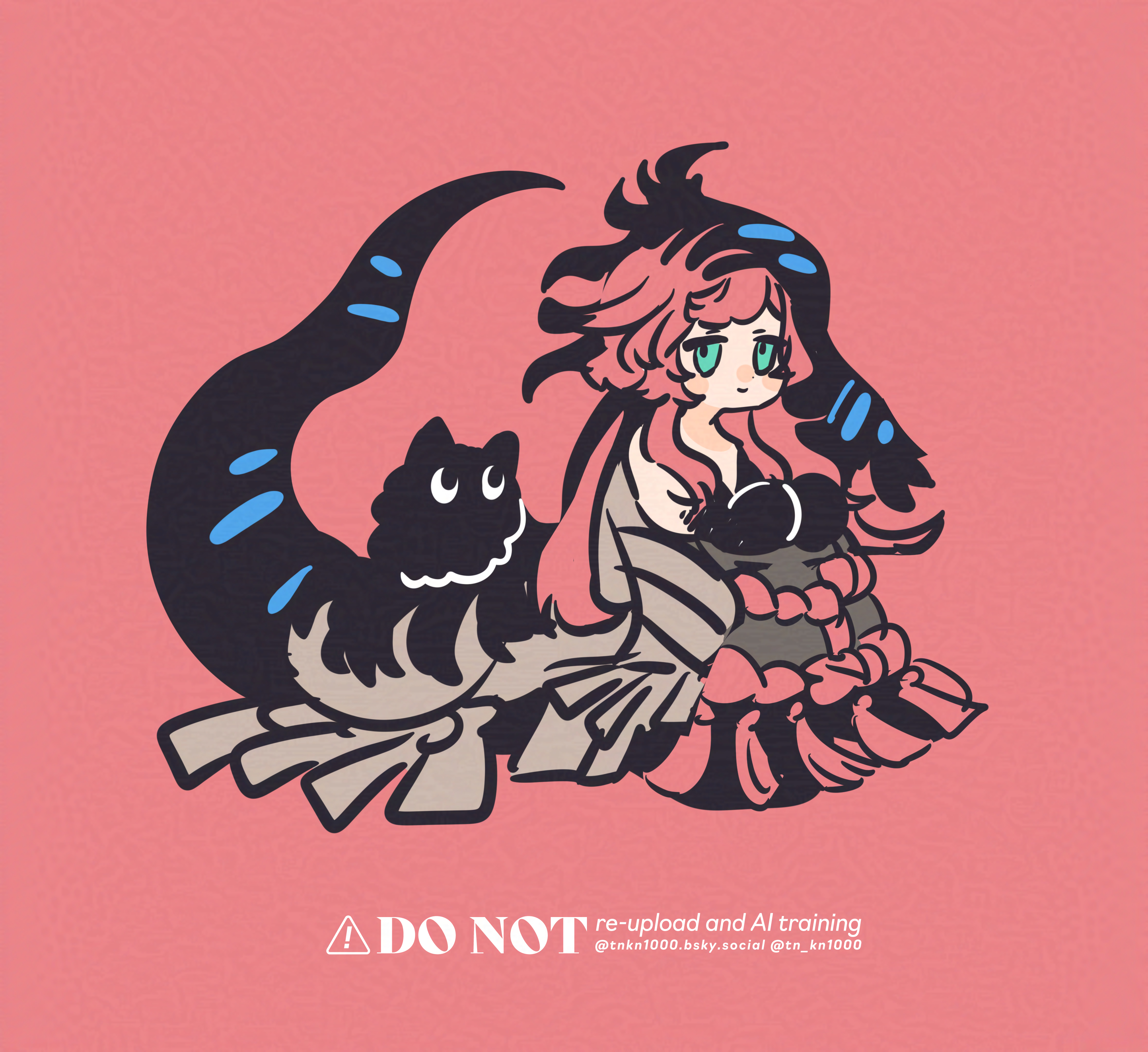 tn kn1000, carbuncle (reverse:1999), nautika (reverse:1999), reverse:1999, absurdres, adversarial noise, highres, 1girl, black dress, black hands, black veil, blue eyes, centauroid, chimera, colored extremities, creature, dress, full body, long hair, looking at viewer, monster girl, pink background, pink hair, sitting, solo, taur, veil, watermark