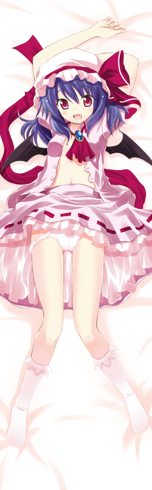 komone ushio, remilia scarlet, touhou, bad id, bad pixiv id, long image, tall image, 1girl, bat wings, blue hair, bobby socks, dakimakura (medium), fang, female focus, full body, hat, legs, lying, open clothes, open shirt, panties, panty pull, purple hair, red eyes, shirt, short hair, socks, solo, underwear, wings