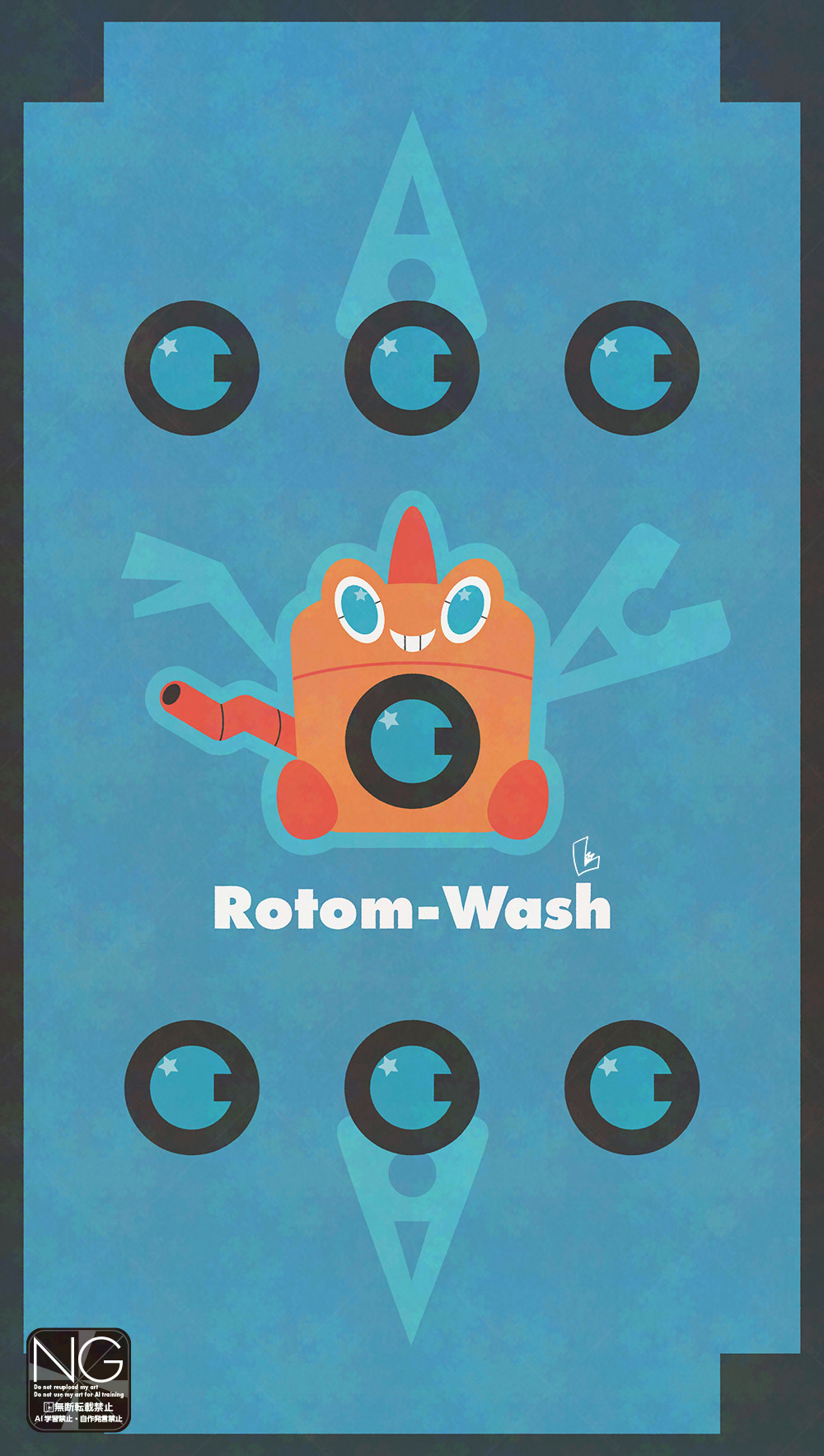 meme (sleepsheep), rotom, rotom (wash), nintendo, pokemon, highres, blue eyes, blue sclera, colored sclera, gen 4 pokemon, grin, looking at viewer, no humans, open mouth, pokemon (creature), pokemon focus, smile, solo, teeth, washing machine