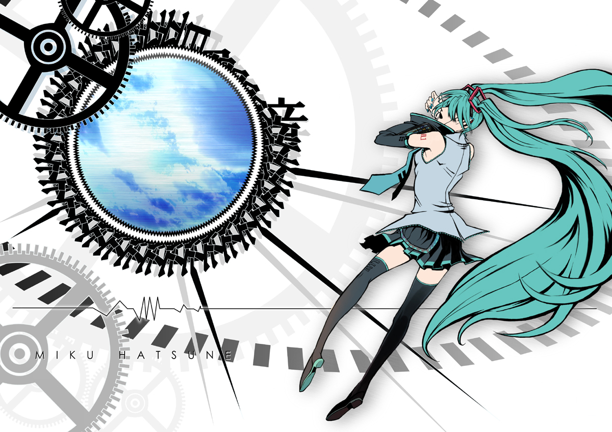 asacom, komaki (gigu), hatsune miku, vocaloid, 1girl, aqua hair, cardiogram, detached sleeves, female focus, long hair, open mouth, skirt, solo, thighhighs, twintails, very long hair, zettai ryouiki