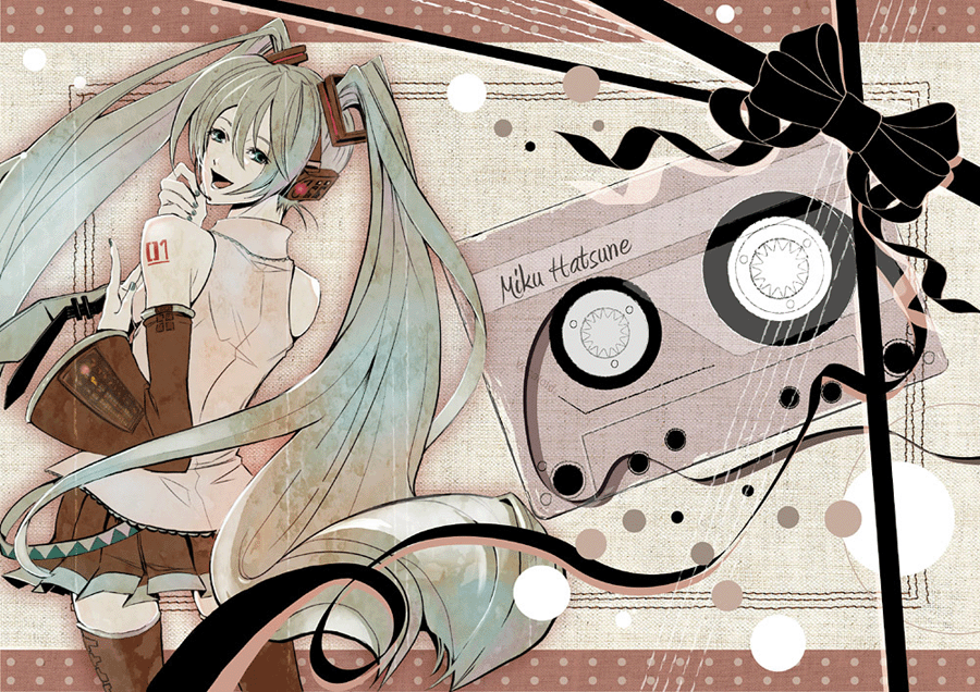 asacom, komaki (gigu), hatsune miku, vocaloid, 1girl, aqua eyes, aqua hair, cassette tape, detached sleeves, female focus, headphones, headset, long hair, nail polish, necktie, ribbon, skirt, smile, solo, thighhighs, twintails, very long hair, zettai ryouiki