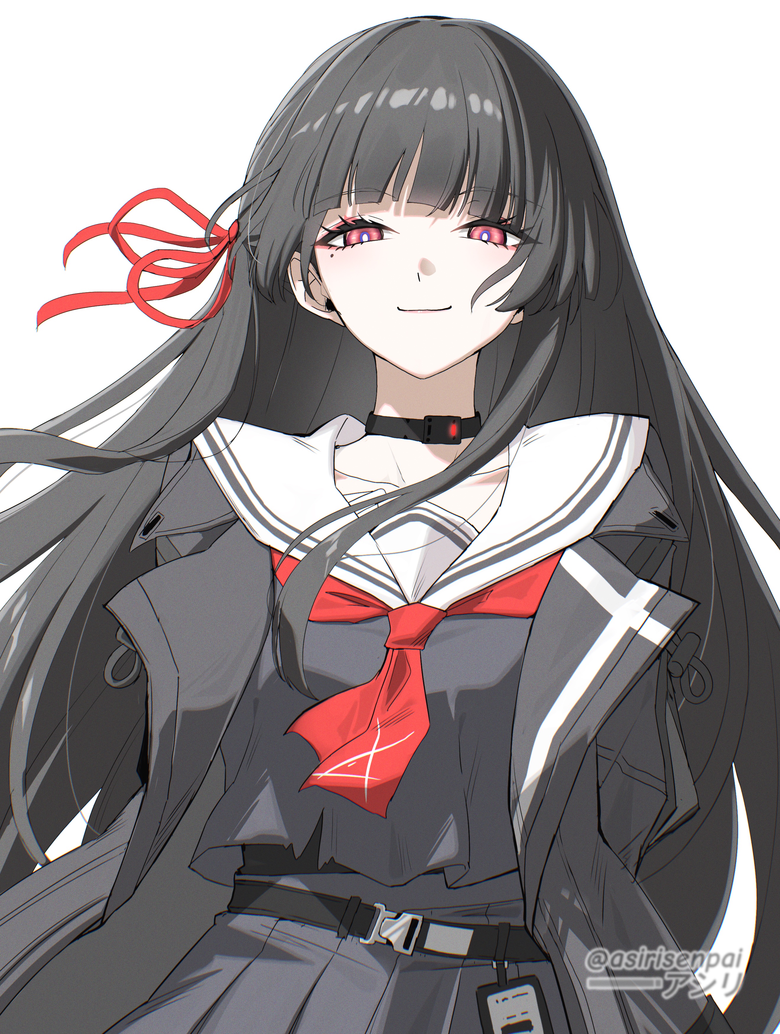 asiri senpai, chisa (wuthering waves), wuthering waves, absurdres, commentary, highres, 1girl, black choker, black hair, black jacket, black shirt, black skirt, breasts, choker, closed mouth, collarbone, hair ribbon, jacket, long hair, long sleeves, looking at viewer, medium breasts, mole, mole under eye, neckerchief, red eyes, red neckerchief, red ribbon, ribbon, sailor collar, shirt, simple background, skirt, smile, solo, twitter username, upper body, white background, white sailor collar