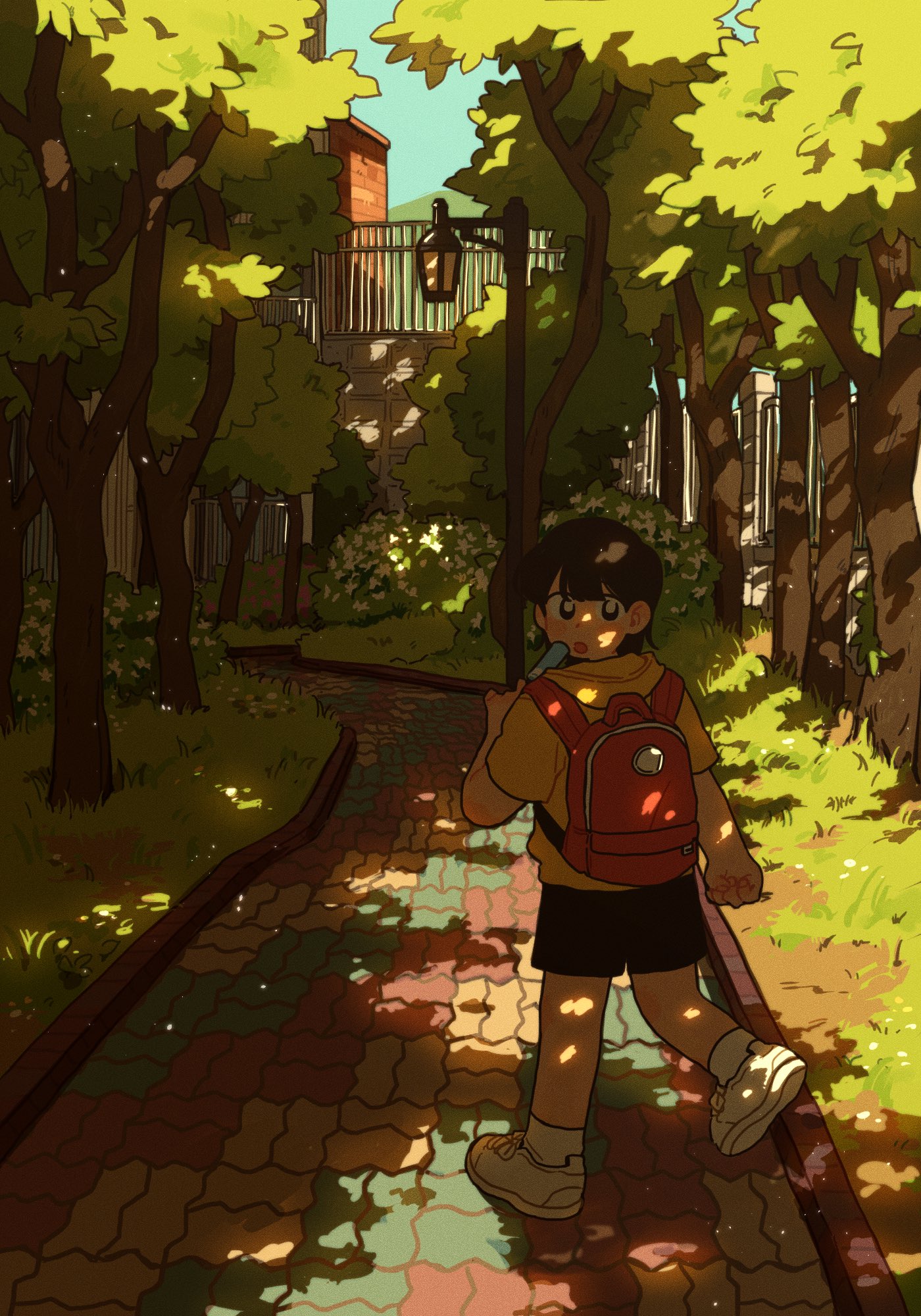 sihyun25, original, commentary request, highres, korean commentary, 1girl, backpack, bag, black eyes, black hair, black shorts, day, food, grass, holding, holding food, holding popsicle, hood, hoodie, lamppost, looking at viewer, open mouth, outdoors, popsicle, shoes, short sleeves, shorts, socks, solo, tree, white shoes, white socks, yellow hoodie