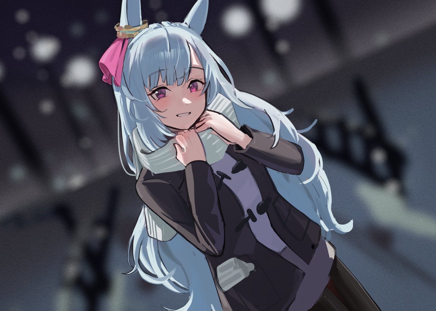 solokitsune, mejiro ardan (umamusume), umamusume, 1girl, animal ears, blue hair, blush, bow, braid, breasts, crown braid, ear bow, ear ornament, ear ribbon, horse ears, horse girl, horse tail, long hair, looking at viewer, purple eyes, shirt, simple background, smile, solo, tail