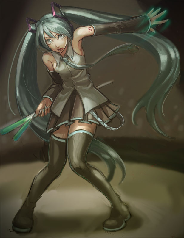 moro miso, hatsune miku, vocaloid, bad id, bad pixiv id, 1girl, aqua eyes, aqua hair, detached sleeves, female focus, legs, long hair, necktie, skirt, solo, spring onion, thighhighs, tongue, twintails, very long hair, zettai ryouiki