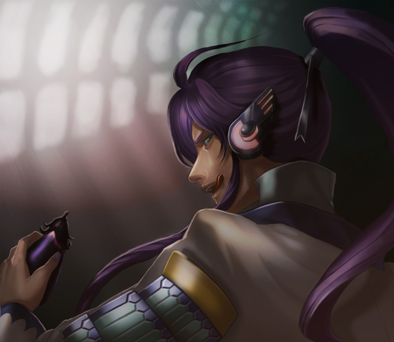 moro miso, kamui gakupo, vocaloid, bad id, bad pixiv id, 1boy, ahoge, blue eyes, eggplant, headphones, long hair, male focus, ponytail, purple hair, solo, tongue