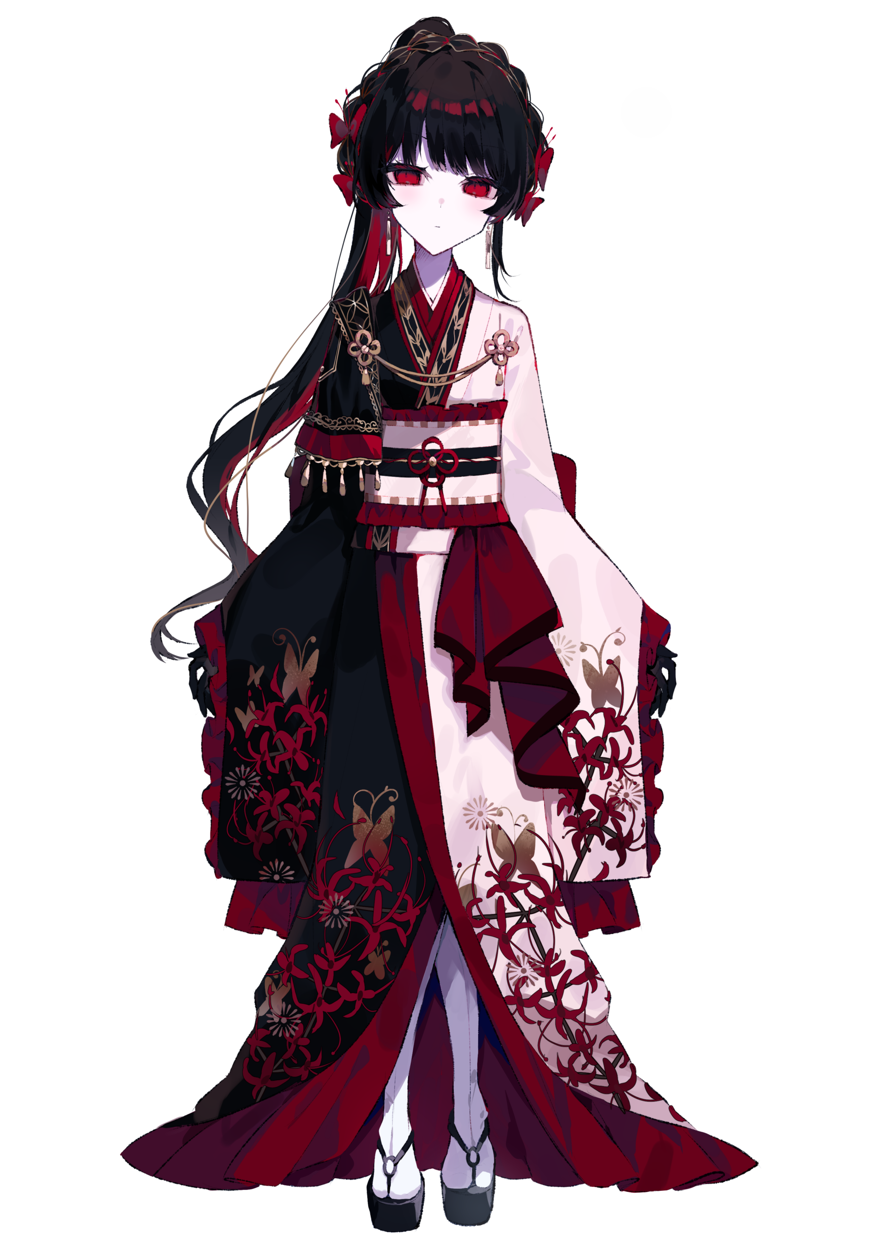umemaro (siona0908), nikaido hiro, absurdres, highres, official art, 1girl, black gloves, black hair, butterfly ornament, colored inner hair, colored skin, earrings, expressionless, frilled kimono, frills, full body, gloves, hime cut, japanese clothes, jewelry, kimono, looking at viewer, mahou shoujo no inshuu mura, multicolored hair, multicolored kimono, obi, okobo, platform sandals, ponytail, red eyes, sandals, sash, sleeves past wrists, socks, solo, transparent background, white skin, white socks