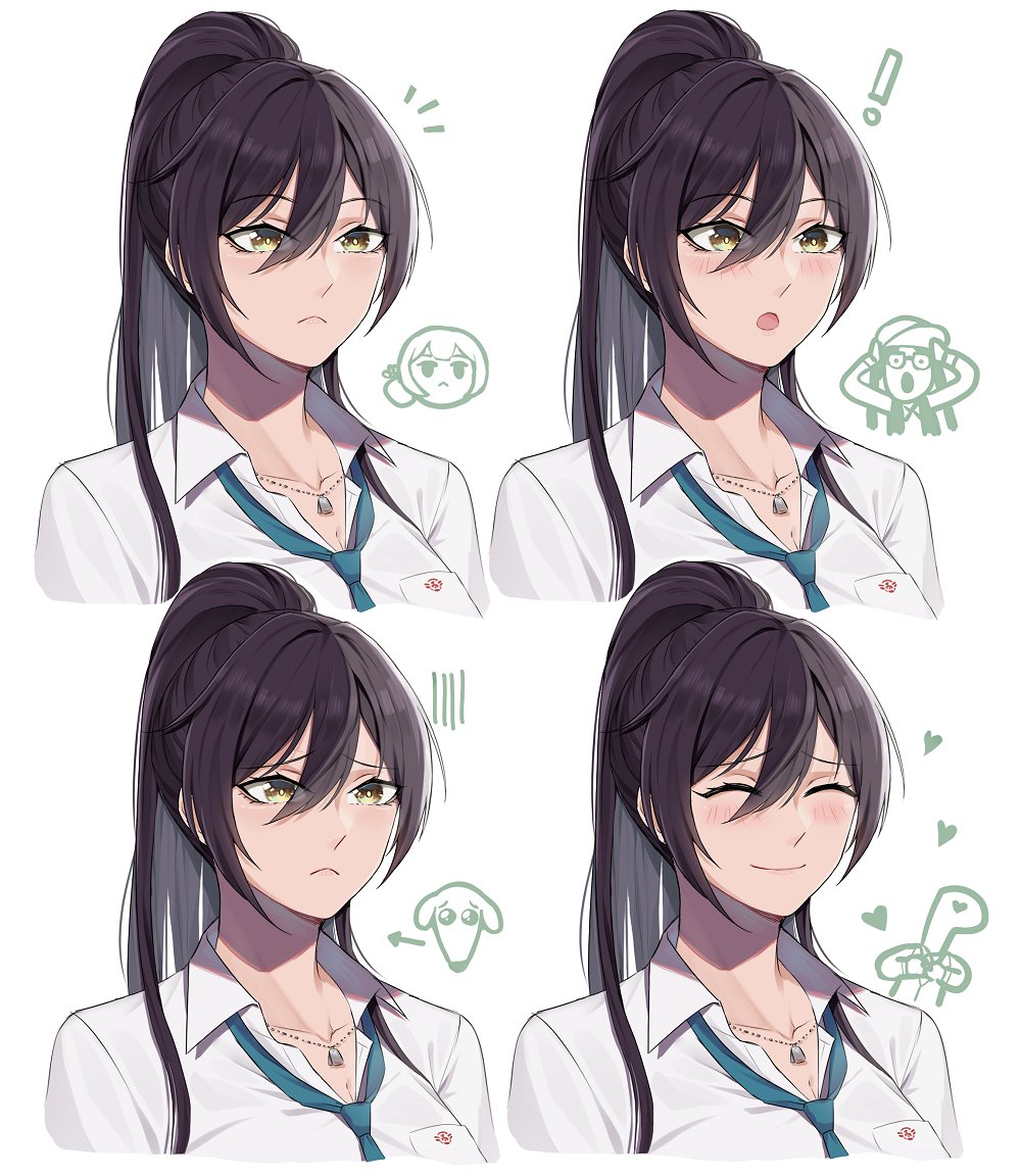 randompeeps, shirase sakuya, idolmaster, idolmaster shiny colors, commentary request, 1girl, black hair, blush, breasts, cleavage, closed mouth, collared shirt, dog tags, dress shirt, green necktie, hair between eyes, high ponytail, large breasts, long hair, loose necktie, multiple views, necktie, open mouth, ponytail, shirt, sidelocks, smile, white background, white shirt, yellow eyes