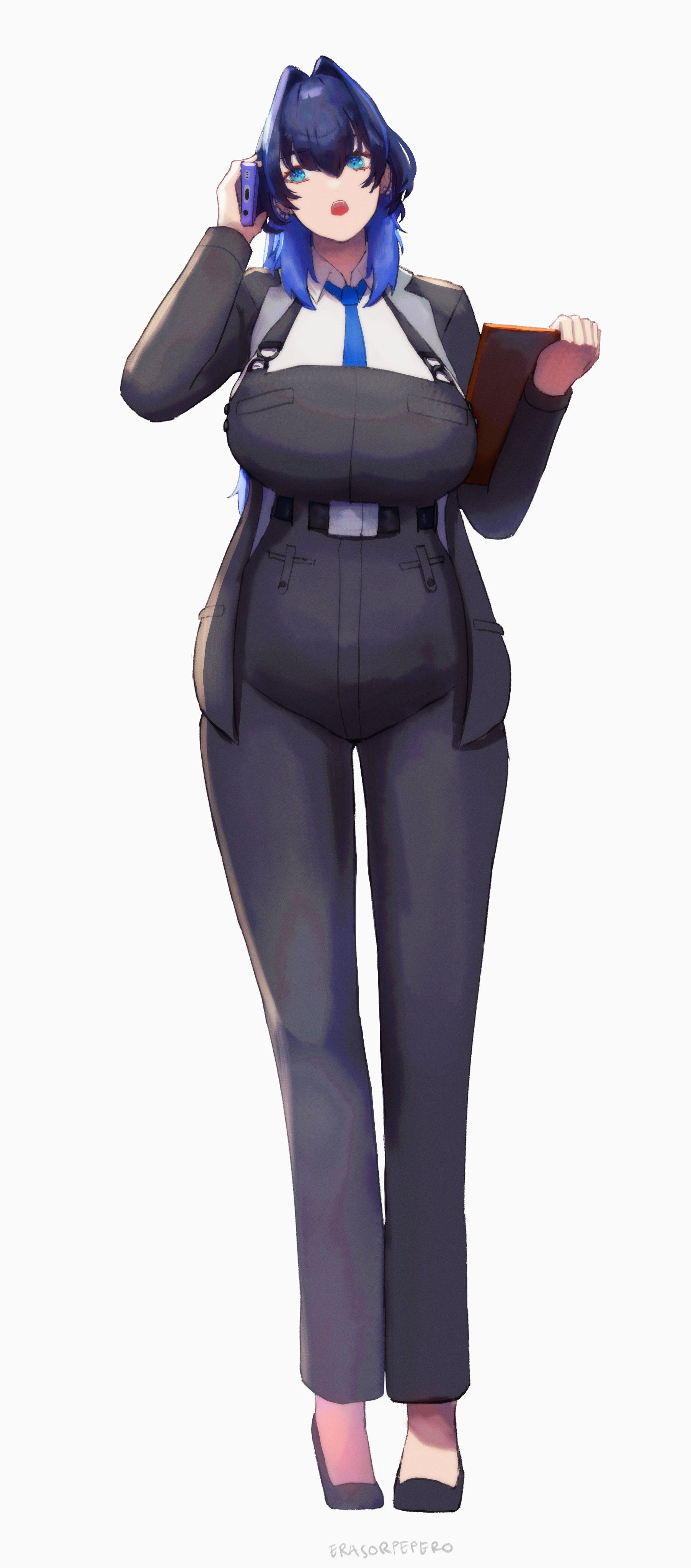 erasorpepero, ouro kronii, hololive, hololive english, absurdres, commentary, english commentary, highres, 1girl, belt, blue eyes, blue hair, blue necktie, cellphone, collarbone, full body, hair between eyes, hair intakes, holding, holding phone, necktie, office lady, open mouth, overalls, phone, shoes, signature, simple background, smartphone, solo, standing, virtual youtuber, white background