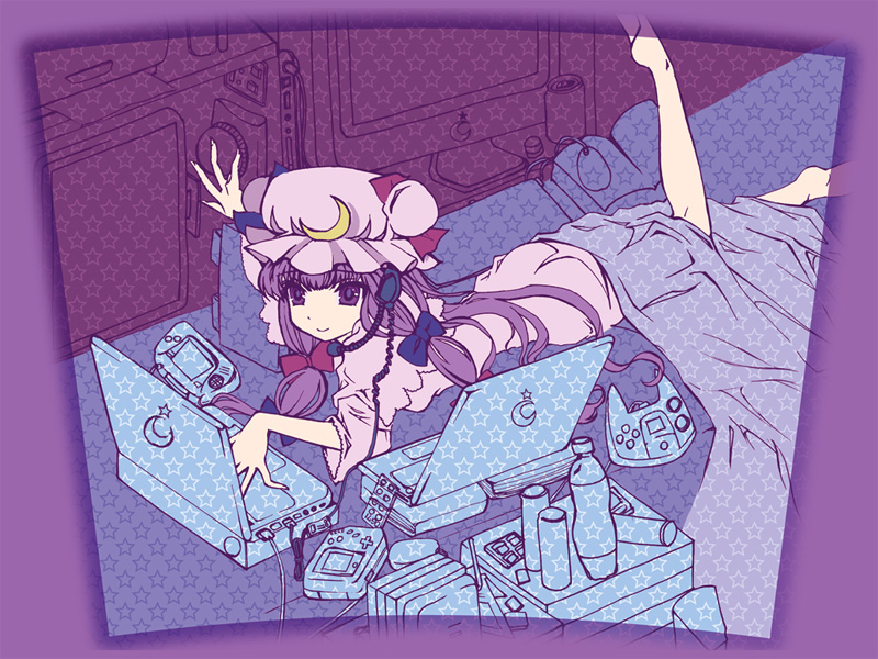 shaka ineru, patchouli knowledge, nintendo, sega, touhou, bad id, bad pixiv id, 1girl, barefoot, computer, computer keyboard, female focus, game boy, game boy (original), game console, handheld game console, hat, headphones, headset, laptop, long hair, purple eyes, purple hair, purple theme, sega dreamcast, sega game gear, solo