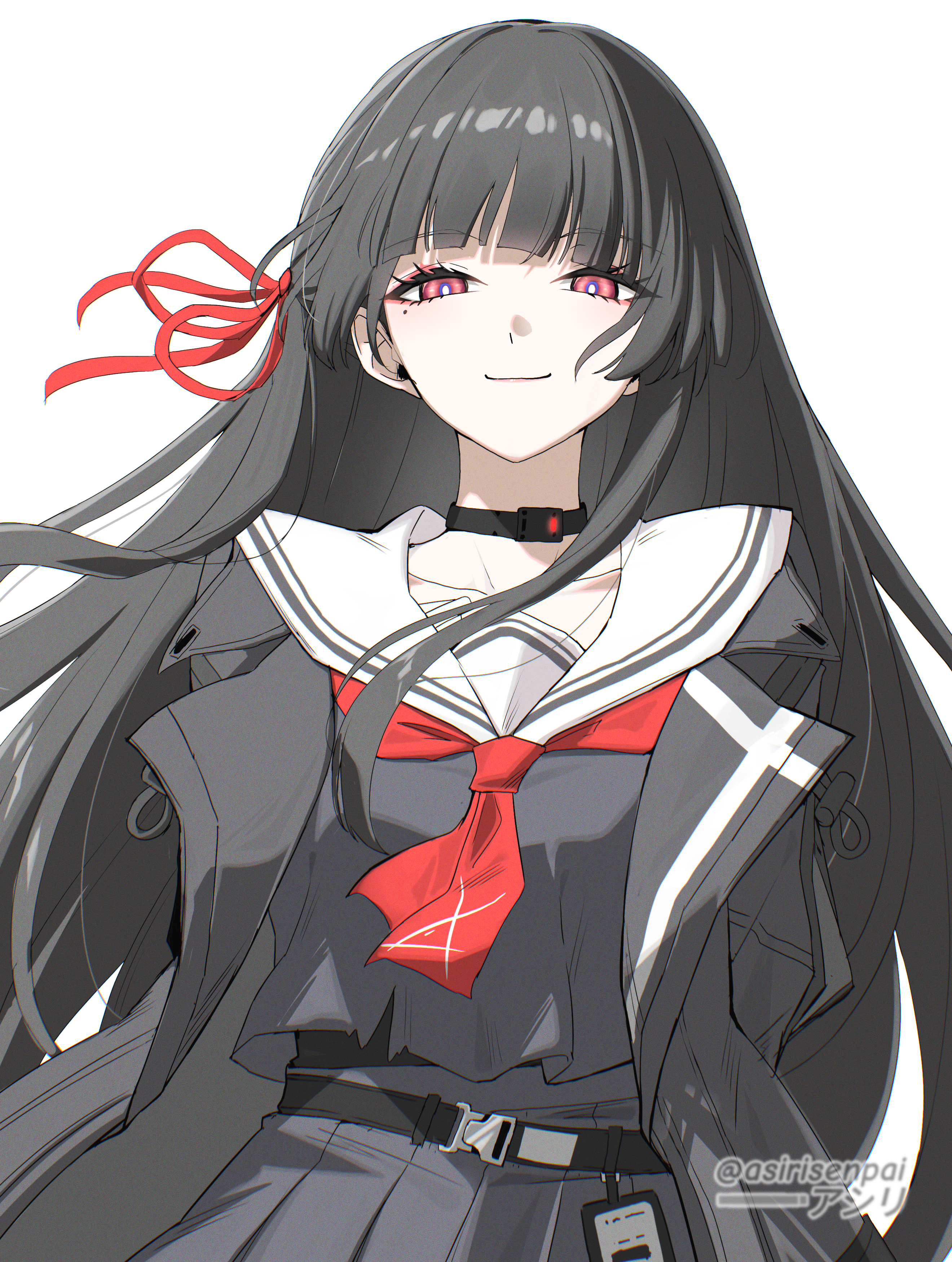 asiri senpai, chisa (wuthering waves), wuthering waves, absurdres, commentary, highres, 1girl, black choker, black hair, black jacket, black shirt, black skirt, breasts, choker, closed mouth, collarbone, hair ribbon, jacket, long hair, long sleeves, looking at viewer, medium breasts, mole, mole under eye, neckerchief, red eyes, red neckerchief, red ribbon, ribbon, sailor collar, shirt, simple background, skirt, smile, solo, twitter username, upper body, white background, white sailor collar