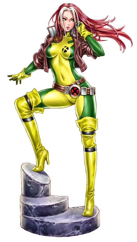 yamashita shun'ya, anna marie, rogue (x-men), marvel, x-men, looking away, 1girl, adjusting hair, animification, belt, belt buckle, belt skirt, blush, bodysuit, boots, breasts, breasts apart, brown hair, buckle, coat, colored bangs, covered navel, crack, cropped jacket, female focus, floating hair, full body, gloves, green eyes, high collar, high heels, jacket, large breasts, leather, leather jacket, leg lift, lips, lipstick, long hair, makeup, multicolored hair, navel, open clothes, open jacket, outstretched arm, parted lips, shoes, simple background, skin tight, sleeves rolled up, solo, spread legs, stairs, standing, strap, superhero costume, thigh boots, thigh strap, thighhighs, tiptoes, turtleneck, two-tone hair, white background, yellow thighhighs