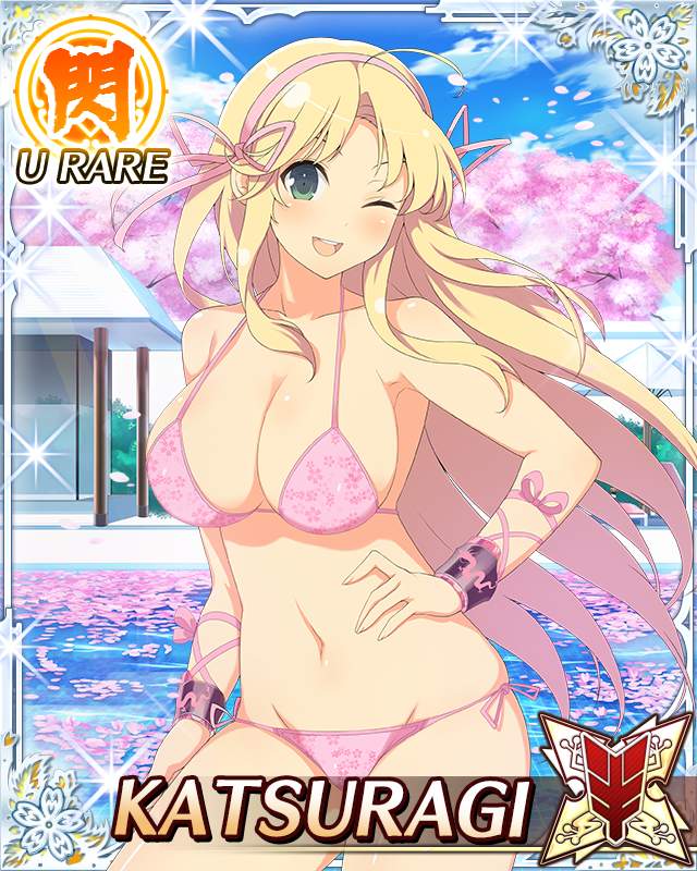 katsuragi (senran kagura), senran kagura, senran kagura new wave, game cg, official art, third-party source, 1girl, :d, bikini, blonde hair, blue sky, border, breasts, card (medium), character name, cherry blossoms, cleavage, day, green eyes, groin, hair ribbon, hand on own hip, large breasts, long hair, navel, one eye closed, open mouth, petals, petals on liquid, pink bikini, pink ribbon, pool, poolside, ribbon, side-tie bikini bottom, sky, smile, solo, string bikini, swimsuit, very long hair