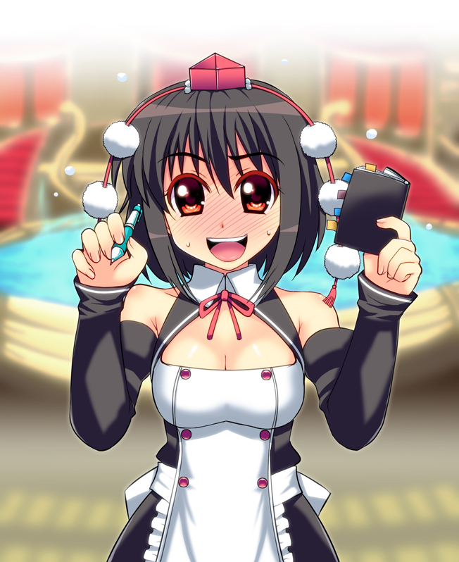 takadoya, mian (dream c club), shameimaru aya, dream c club, dream c club (series), touhou, 1girl, apron, black hair, blush, breasts, cleavage, colored eyelashes, cosplay, detached sleeves, eyelashes, female focus, hat, large breasts, looking at viewer, mian (dream c club) (cosplay), notebook, open mouth, pen, pov, smile, solo, sweat, tokin hat