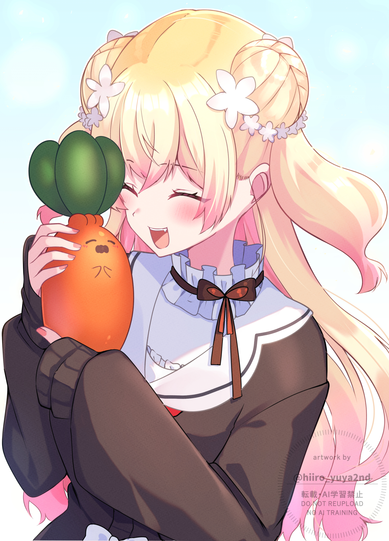 hiiro yuya, momosuzu nene, momosuzu nene (casual), nekko (momosuzu nene), hololive, commentary request, highres, 1girl, blonde hair, blush, bow, bowtie, brown bow, brown bowtie, brown cardigan, cardigan, closed eyes, collar, crossed bangs, double bun, facing another, flower, frilled collar, frills, gradient-tinted eyewear, gradient hair, hair bun, hair flower, hair ornament, long hair, long sleeves, multicolored hair, nail polish, official alternate costume, open mouth, pink hair, pink nails, sailor collar, sidelocks, smile, tinted eyewear, two side up, upper body, virtual youtuber, watermark, white sailor collar