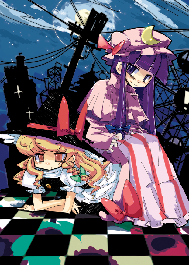 harco izm, kirisame marisa, patchouli knowledge, touhou, 2girls, :t, blonde hair, braid, female focus, hat, long hair, multiple girls, pout, purple eyes, purple hair, witch, witch hat, yellow eyes