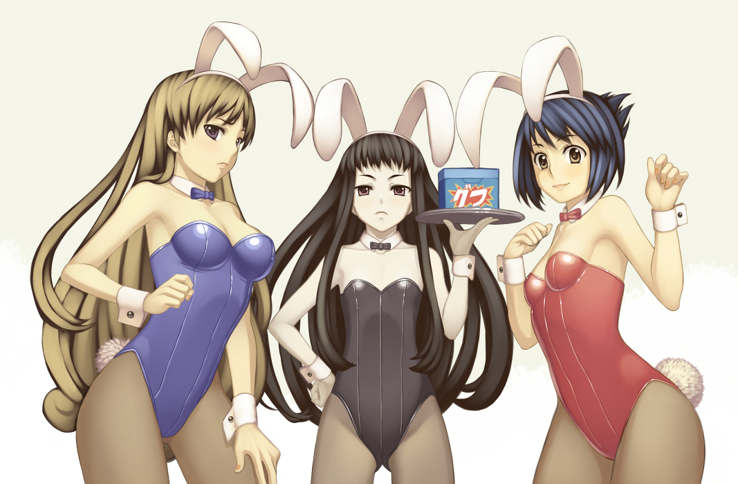 terumii, chroche latel pastalie, jakuri (ar tonelico), luca truelywaath, ar tonelico, ar tonelico ii, gust, 00s, 3girls, animal ears, armpits, black hair, blonde hair, blue eyes, blue hair, breasts, brown eyes, brown hair, cleavage, fake animal ears, flat chest, medium breasts, multiple girls, pantyhose, playboy bunny, rabbit ears, short hair, small breasts, tray, wrist cuffs, yellow eyes