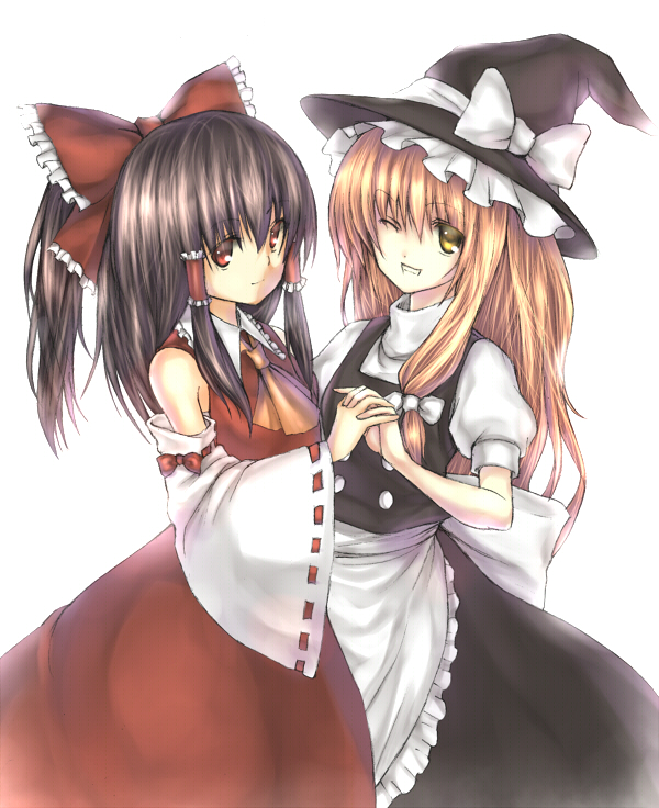 takemori shintarou, hakurei reimu, kirisame marisa, touhou, bad id, bad pixiv id, 2girls, blonde hair, bow, brown hair, detached sleeves, female focus, grin, hat, holding hands, japanese clothes, long hair, miko, multiple girls, one eye closed, red eyes, smile, wink, witch, witch hat, yellow eyes