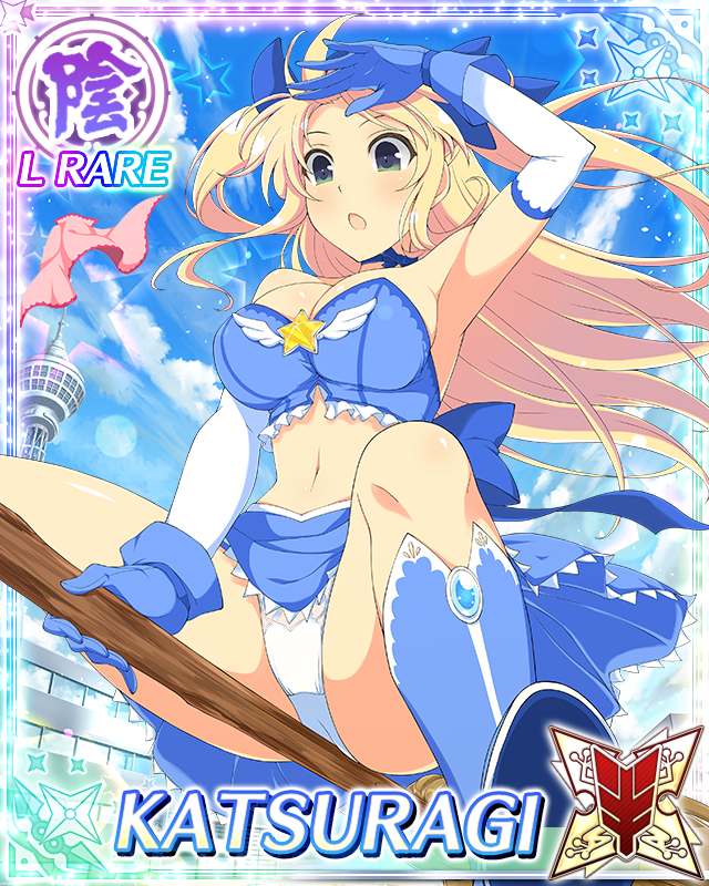 katsuragi (senran kagura), senran kagura, senran kagura new wave, game cg, official art, third-party source, 1girl, :o, armpits, blonde hair, blue boots, blue gloves, blue ribbon, blue shirt, blue skin, blue sky, boots, border, breasts, broom, broom riding, card (medium), character name, cleavage, colored skin, crop top, day, elbow gloves, flying, from below, gloves, green eyes, hair ribbon, large breasts, long hair, looking down, magical girl, midair, midriff, navel, panties, ribbon, shirt, sky, solo, underwear, very long hair, white panties