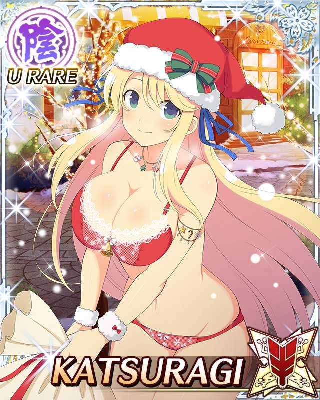 katsuragi (senran kagura), senran kagura, senran kagura new wave, game cg, official art, third-party source, 1girl, bikini, blonde hair, blue ribbon, border, breasts, breasts squeezed together, card (medium), character name, christmas, christmas lights, cleavage, closed mouth, fur-trimmed bikini, fur-trimmed headwear, fur trim, green eyes, groin, hair ribbon, hat, holding, holding sack, large breasts, long hair, looking at viewer, navel, night, outdoors, red bikini, red hat, ribbon, sack, santa bikini, santa costume, santa hat, smile, snowflakes, solo, swimsuit, very long hair