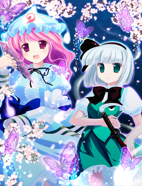 natsukawa sarasa, konpaku youmu, saigyouji yuyuko, touhou, silver hair, bad id, bad pixiv id, 2girls, bug, butterfly, female focus, flower, hat, japanese clothes, katana, kimono, multiple girls, pink hair, plant, ribbon, short hair, skirt, sword, weapon