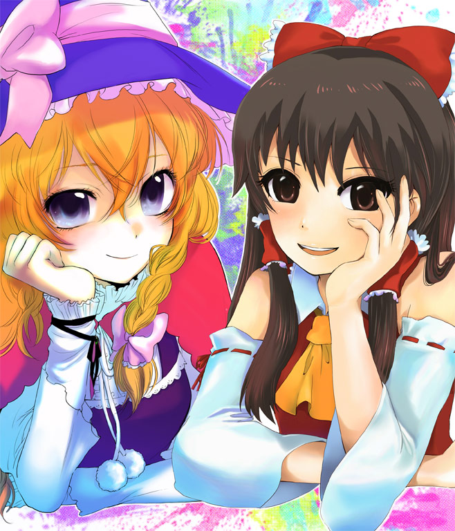 yokoyari mengo, hakurei reimu, kirisame marisa, touhou, bad id, bad pixiv id, 2girls, blonde hair, bow, braid, brown eyes, brown hair, detached sleeves, female focus, hat, japanese clothes, miko, multiple girls, purple eyes, short hair, witch, witch hat
