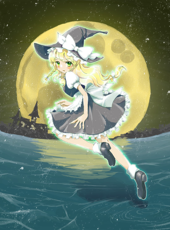 kawaizumi pome, pome, kirisame marisa, touhou, 1girl, blonde hair, braid, female focus, glowing, green eyes, hat, long hair, moon, night, ripples, solo, twin braids, water, witch, witch hat