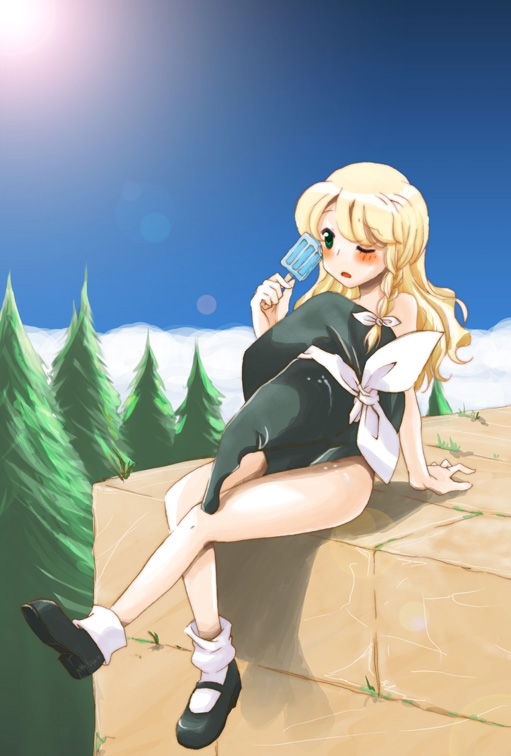kawaizumi pome, pome, kirisame marisa, touhou, 1girl, blonde hair, braid, female focus, food, green eyes, hat, long hair, mary janes, nude, one eye closed, popsicle, shoes, solo, wink, witch, witch hat