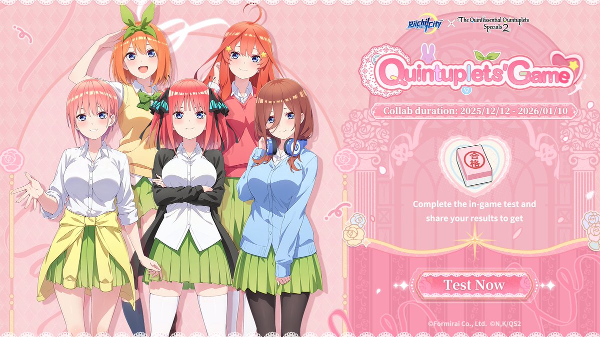 nakano ichika, nakano itsuki, nakano miku, nakano nino, nakano yotsuba, go-toubun no hanayome, riichi city, game cg, highres, official art, translated, 5girls, ahoge, arm up, arms under breasts, black bow, black jacket, black pantyhose, black ribbon, blue cardigan, blue eyes, blush, bow, bowtie, breasts, brown hair, cardigan, closed mouth, clothes around waist, collarbone, collared shirt, dot nose, english text, female focus, green bow, green bowtie, green ribbon, green skirt, hair between eyes, hair bow, hair ornament, hair over one eye, hair ribbon, headphones, headphones around neck, jacket, kneehighs, large breasts, legs, long hair, long sleeves, looking at viewer, medium hair, medium skirt, miniskirt, multiple girls, open mouth, orange hair, pantyhose, pink hair, pleated skirt, quintuplets, red cardigan, red hair, ribbon, school uniform, shirt, shirt tucked in, shirt under sweater, short sleeves, siblings, sisters, skirt, smile, socks, star (symbol), star hair ornament, sweater, sweater around waist, teeth, thighhighs, thighs, white shirt, white thighhighs, yellow cardigan, yellow sweater, zettai ryouiki