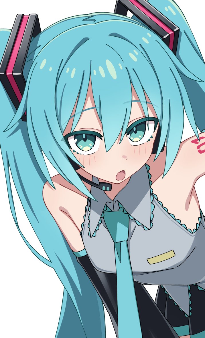 maud0239, hatsune miku, vocaloid, commentary request, 1girl, bare shoulders, black skirt, black sleeves, blue eyes, blue hair, blue necktie, blush, collared shirt, cowboy shot, detached sleeves, grey shirt, hair between eyes, headset, long hair, looking at viewer, miniskirt, necktie, number tattoo, open mouth, pleated skirt, shirt, shoulder tattoo, simple background, skirt, sleeveless, sleeveless shirt, solo, tattoo, twintails, white background