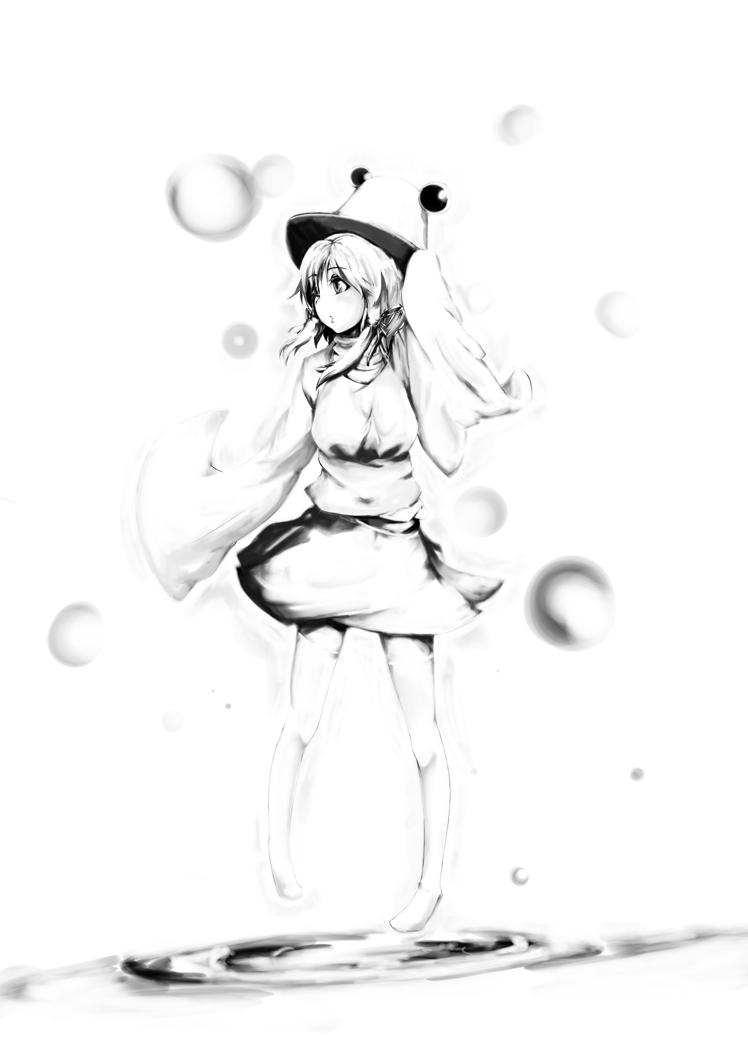 mizukiri fuurai, moriya suwako, touhou, absurdres, highres, 1girl, female focus, full body, greyscale, hat, monochrome, skirt, solo, thighhighs, white background, zettai ryouiki