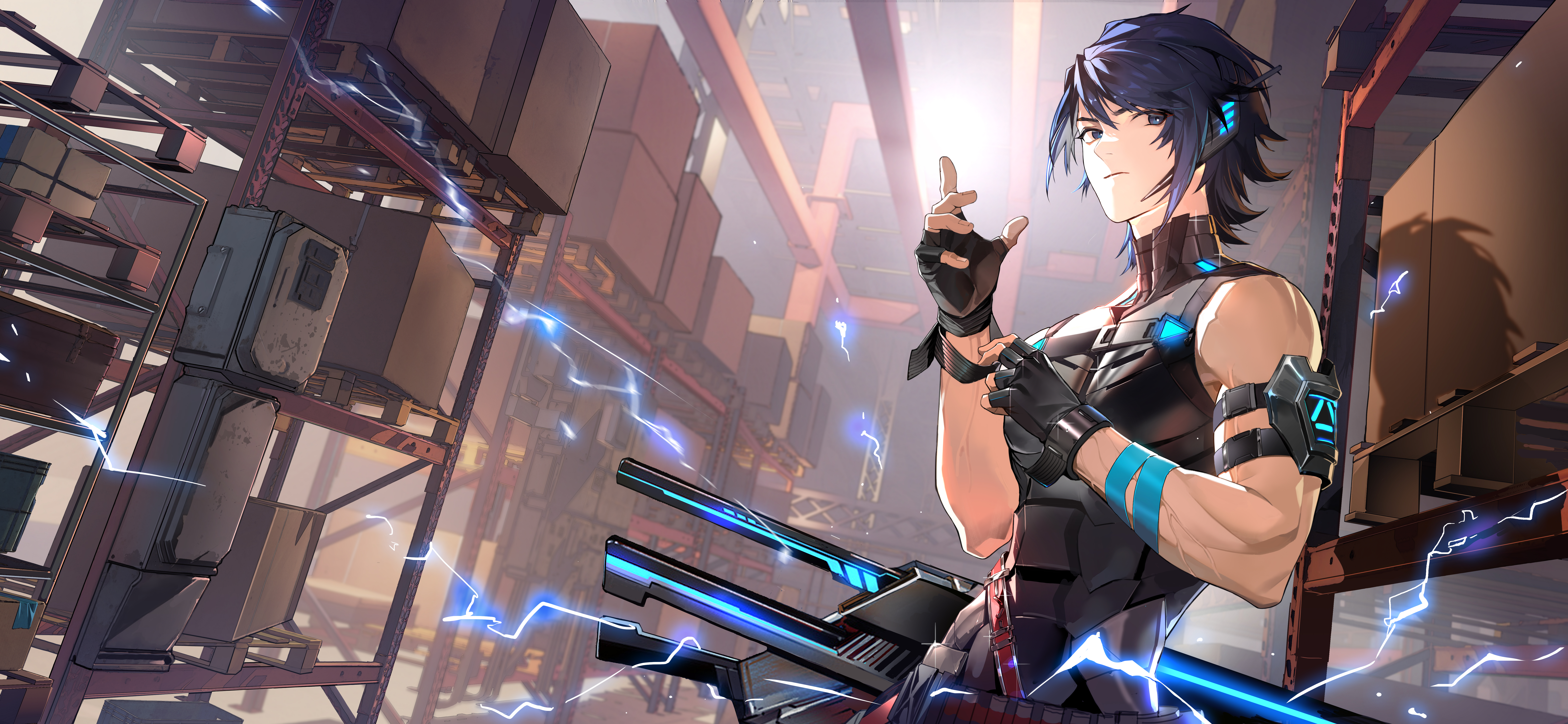bijian de linghun, original, absurdres, commentary request, highres, 1boy, adjusting wristband, armor, backlighting, bandolier, belt, black gloves, blue hair, box, cardboard box, closed mouth, gloves, hand up, headset, indoors, katana, lightning, looking at viewer, male focus, metal wrist cuffs, muscular, muscular male, partially fingerless gloves, shadow, sheath, shelf, short hair, solo, storage room, sword, upper body, veins, weapon